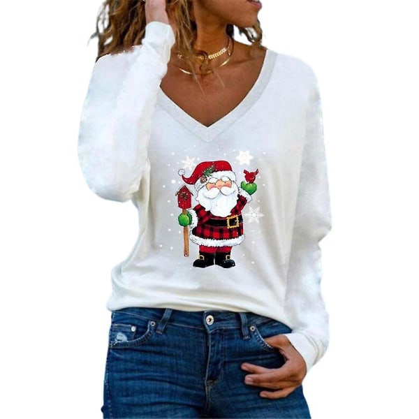 Jul Kvinnor Santa Claus brev printed V-ringad T-shirt Casual långärmad tunika Toppar Blus White M