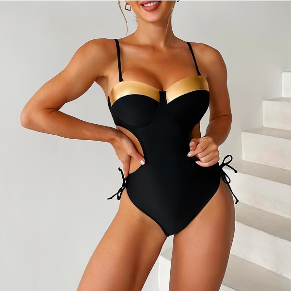 Bikinis 2023 Baddräkter med hög midja för kvinnor Nytt mode för kvinnor Splicing Baddräkt Sexig Casual Bikini Piece Baddräkt Black M