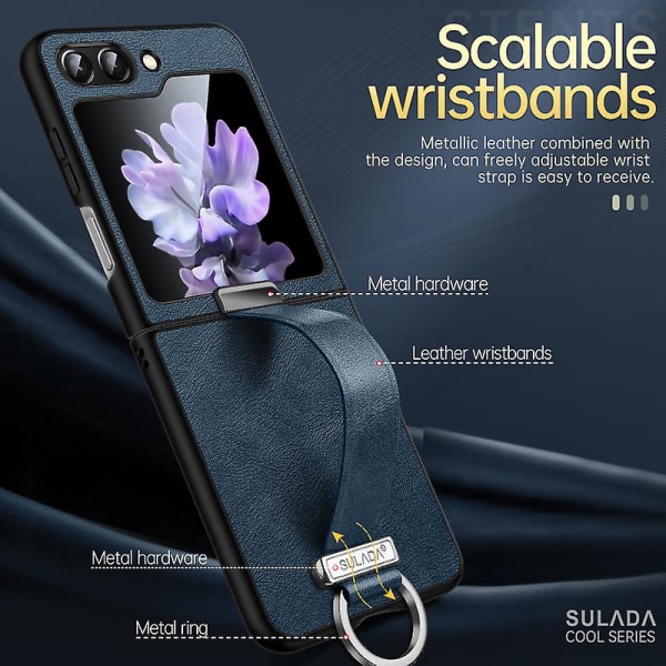 Z Flip 5 Case, tunt Pu Läder Ring Stand Case För Samsung Galaxy Z Flip 5 Med handremshållare Blue