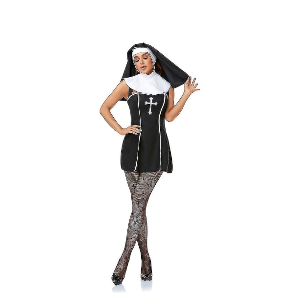 Sexiga nunnakostymer Vuxna kvinnor Halloweenfest Cosplay Dålig vana Nunnadräkt Kyrka Religiös syster Prydnadsklänning med svart huva-i M