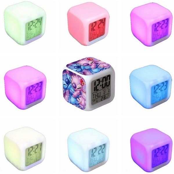 Stitch Anime LED digital väckarklocka för flickor - söt storlek, 8 cm, 3 tum, 7 färger ändras, temperatur, perfekt för flickor sovrum null none