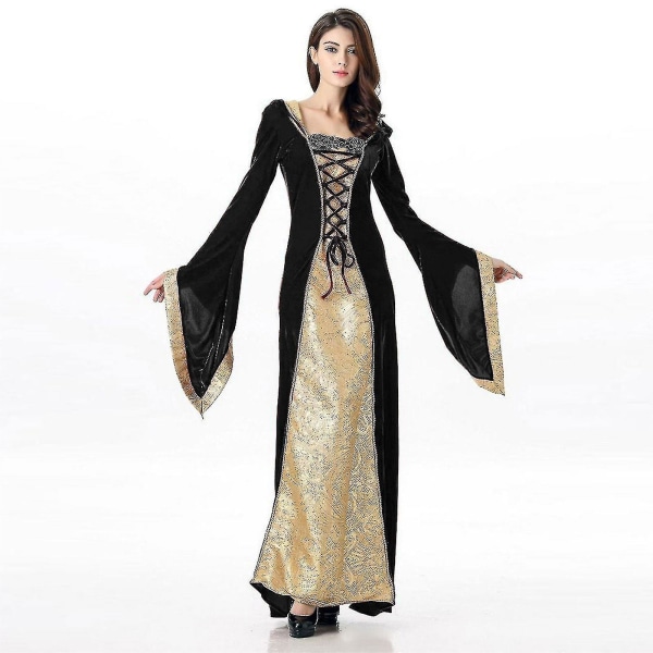 2023 Ny renässansdräkt Kvinnor Sammet Irländsk Klänning Medeltida Häxdräkt Victorian Faire Kostymer Black 3XL