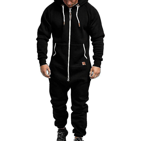 Män Onesie All In One Hoodie Zip Jumpsuit Vinter Casual Hooded Romper Playsuit Black 2XL