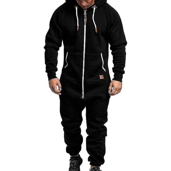 Men Onesie Allt i ett Hoodie Zip Jumpsuit Winter Casual Hooded Romper Playsuit Black L