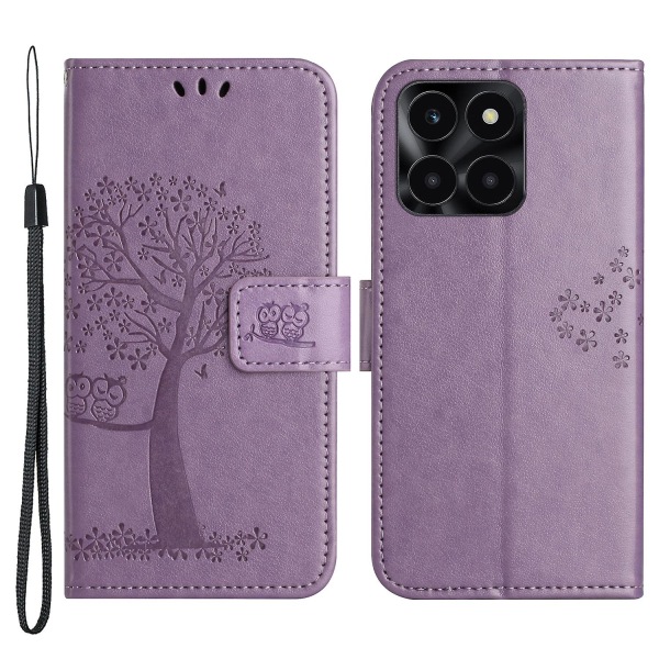 For Honor X6a 4g Owl Tree Imprinted Pu-läderställ Case Fullt skydd Cover Purple none
