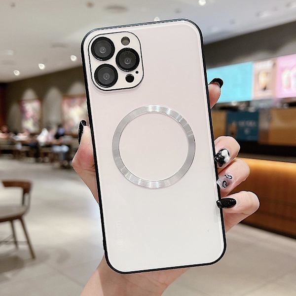 Case kompatibelt med Iphone 15 Pro Max, Gradient Color Glas Cover med linsskydd, kompatibelt med Magsafe White For iPhone 15 Pro Max