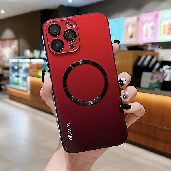 Case kompatibelt med Iphone 15 Pro Max, Gradient Color Glas Cover med linsskydd, kompatibelt med Magsafe Red For iPhone 15 Pro Max