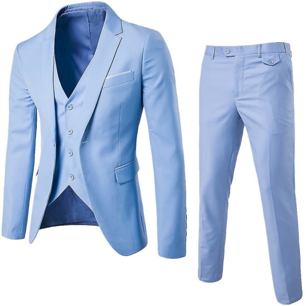 Herr 3-delad Slim Fit Kostym Set Enknapps Solid Jacka Väst Byxor Business Set-yky Blue M