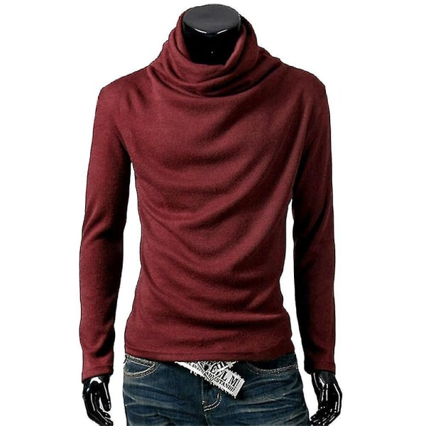 Män Solid Turtle Neck Långärmad Casual Vinter Höst Comfy Loose Pullover Tops Wine Red 2XL