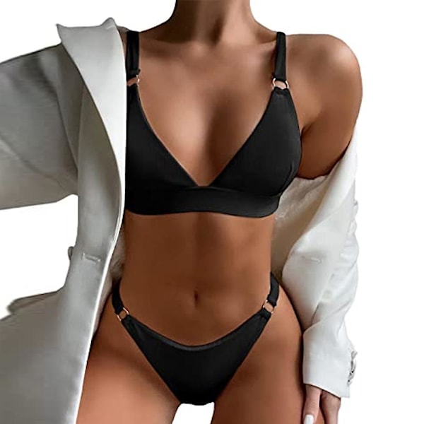 Ribbad O-ring för damer Bikini Baddräkt Fräck Thong Baddräkt black M