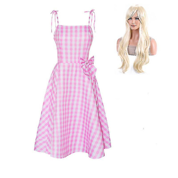 Film Barbie Cosplay Kostym Rosa Rutig Klänning Halloween Fancy Dress Karnevalsfest Kostymer För Vuxna Barn With wig XXXL