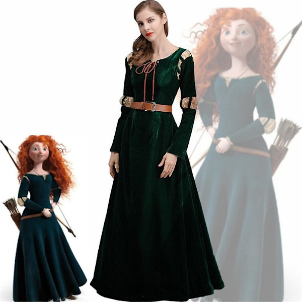 Vuxna kvinnors modiga Merida prinsesskaraktärer kostym set kit klänning+bälte film plagg cosplay festklänning S