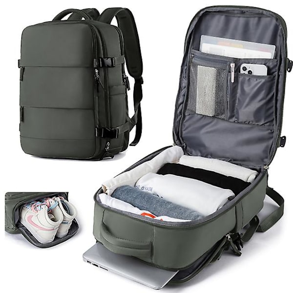 Vattentät reseryggsäck Flygplan bärbar ryggsäck Stor kapacitet Multifunktionsbagage Lättviktspassform 17 tums bärbar dator 17.3inch gray green