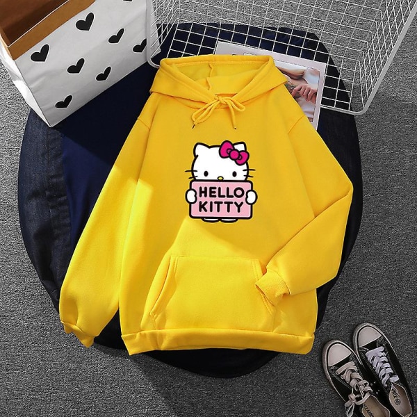Tecknad Sanrio Hello-kitty Söt huvtröja för kvinnor Koreanska flickor Modetröja Vår och höst Modell Kläder Casual Långärmad L yellow
