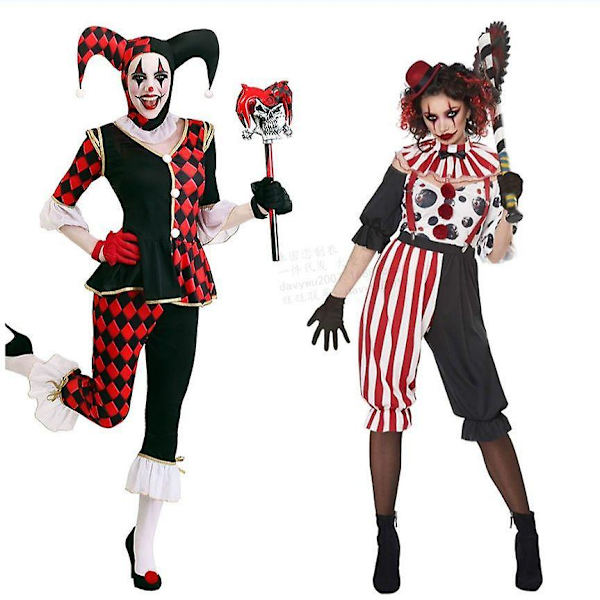 Halloween Clown Cosplay Kostym för Kvinnor och Män - Skräckfylld, Fult, Kriminell, Mördares Cirkus Clown Festkläder M