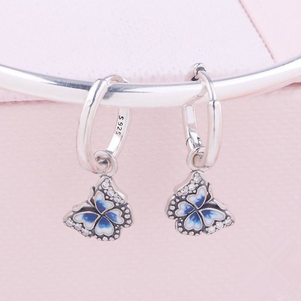 Blue Butterfly Dangle Hoop Örhängen, One Size, Sterling Silver, Cubic Zirconia