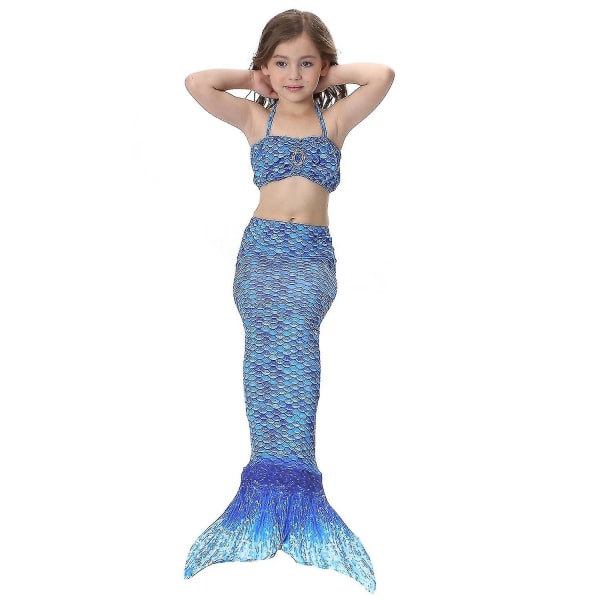 Barn Flickor Mermaid Tail Bikini Set Baddräkt Badkläder Simdräkt Dark Blue 8-9 Years