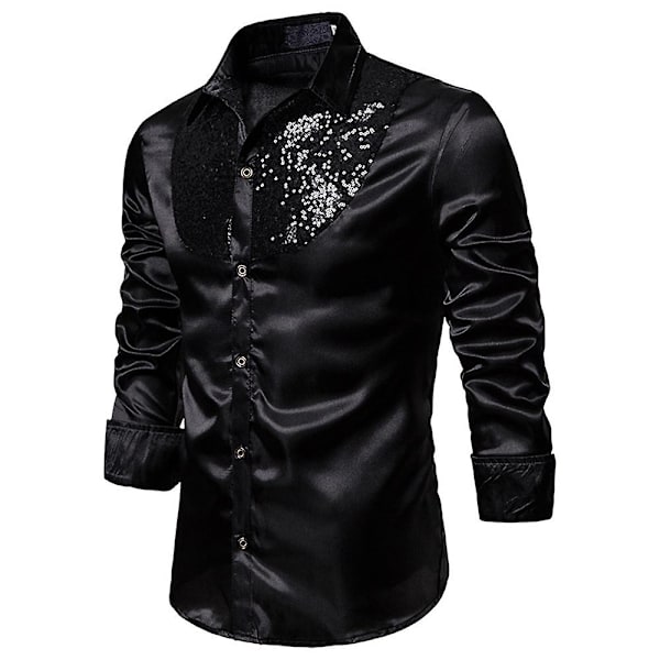 Män Glittrande paljetter Button-down Slim Fit Formella skjortor Party Evening Långärmad Klänning Skjorta Topp Black XL
