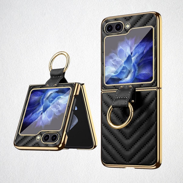 För Samsung Z Flip 5 5g Case 360med Ring Lyxigt Elektropläterat Pu- cover För Galaxy Z Flip 5 5g Case Inbyggt skärmskydd black