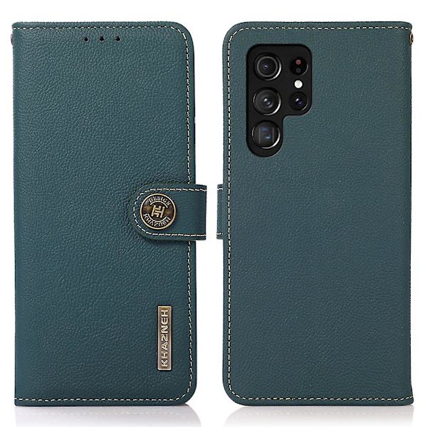 Khazneh för Samsung Galaxy S23 Ultra 5g äkta läder Rfid-blockerande cover Vikbart ställ Fullt case - Svart Green