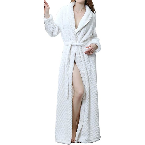 Dam fluffig morgonrock Mysig Lätt Posh Hellängd Morgonrock Vinter Varm Ren Färg Badrock Wrap Housecoat Nattkläder White M
