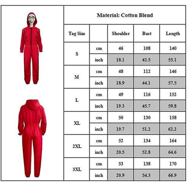 Money Heist Sedel House Cosplay Party Kostym Jumpsuit + Mask XL Jumpsuit