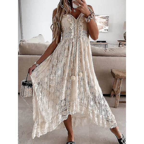 Sommar Boho Långa Klänningar Kvinnor Spets V-Ringning Spaghetti Rem Klänning Dam Off Shoulder Strandklänning Vit Klänning Vestidos De Mujer L LXDS18 Beige