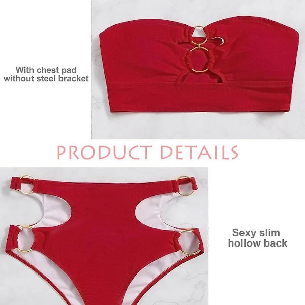 Ribbstickad O-ring för damer Bikini Baddräkt Fräck Thong Baddräkt Tvådelad baddräkt red M
