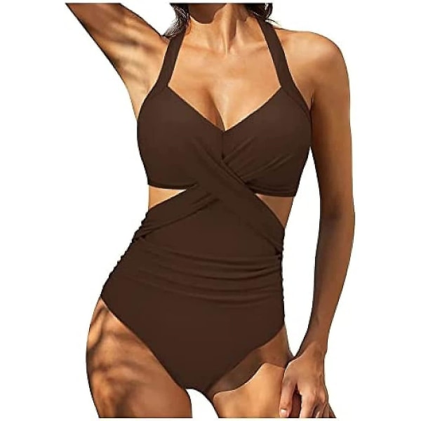 Baddräkter för kvinnor Elegant baddräkt i ett stycke dam baddräkt för att forma magen Dam sexig push-up baddräkt Strandkläder Baddräkt Sexig Halterne brown XL