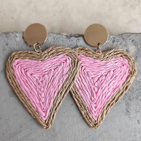 Bohemian Woven Straw Wicker Raffia Rotting Dingle Örhängen Geometriska Circle Round Drop Earrings pink heart