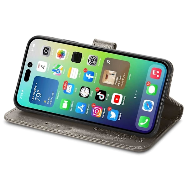 Fyrfodrat läderfodral med case för iPhone 15 Grey