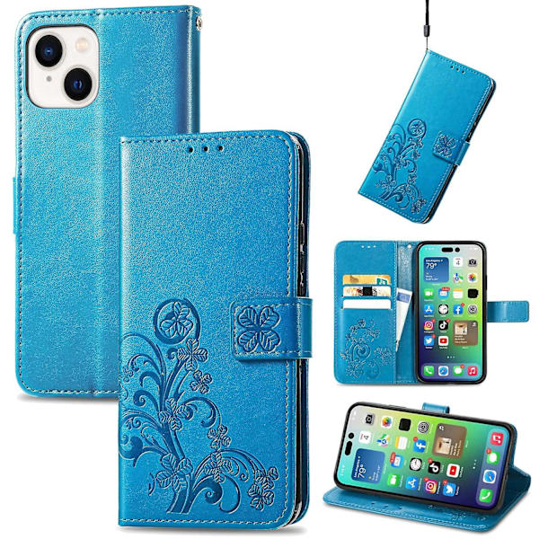 Fyrfodrat läderfodral med case för iPhone 15 Blue