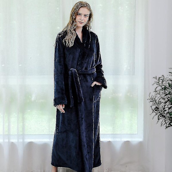 Kvinnor Män Vinter Plus Size Flanellrock Extra lång Huva Varm Morgonrock Lovers Tjock Kimono Badrock Man Morgonrock Robes women navy M