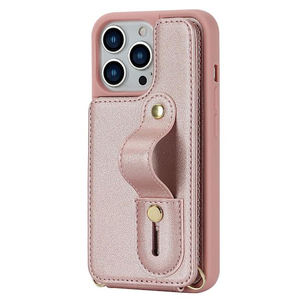 För Iphone 14 Pro Handledsrem Kickstand Armband Phone case Pu Läderbelagd TPU- cover Rose Gold