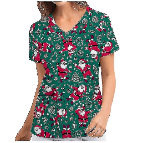 Jul Kvinnor Amningsuniform Scrub Kortärmad T-shirt Xmas Blus Tee Tops V-ringad Green M