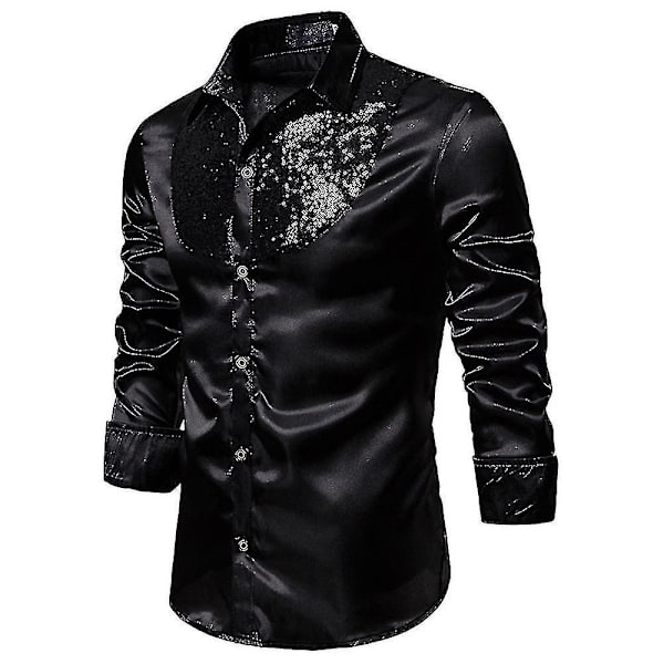 Herrar Sekvens Glitter Slim Fit Knapp-Down Skjortor Fest Långärmad Klänningsskjorta Toppar Black 2XL