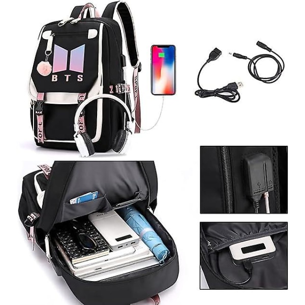 Kpop Bts School Backpack Merchandise, har USB och ljudkabelgränssnittsbrytare, lämplig för studenter, Bts Laptop-ryggsäckar och Casua null none