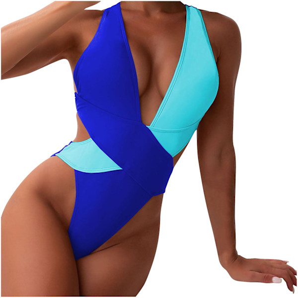 Dambaddräkter Bikinibody med hög midja Baddräktsömmar Bikinibaddräkt Korsbaddräkt för kvinnor Färgblockerande Bikini Swimsu för kvinnor Blue S