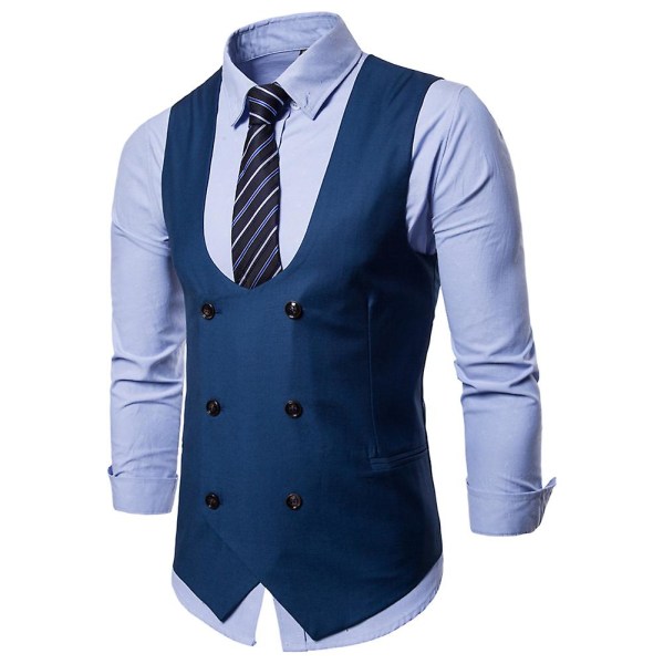 Allthemen Herr U-ringad Business Casual Gentleman Dubbelknäppt enfärgad väst Blue XL