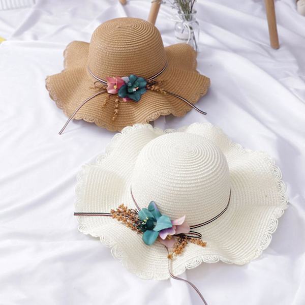 Mode Flickor Blomma Halm Vävning Bred Brätte Sommar Beach Cap Sol Floppy Hat White *Kids