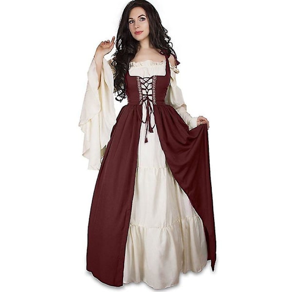 Kvinnors medeltida renässansdräkt Cosplay med överklänning Burgundy M