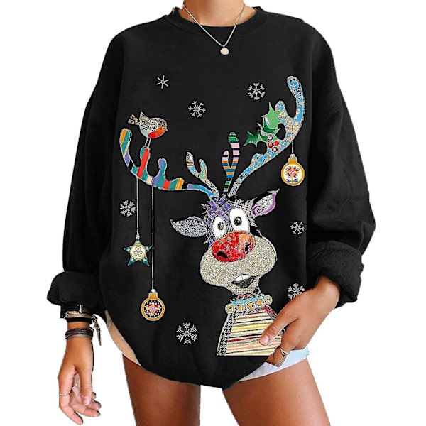 Christmas Sweatshirt Crewneck Pullover Långärmad Lösa Toppar Älg Print Skjorta Black L