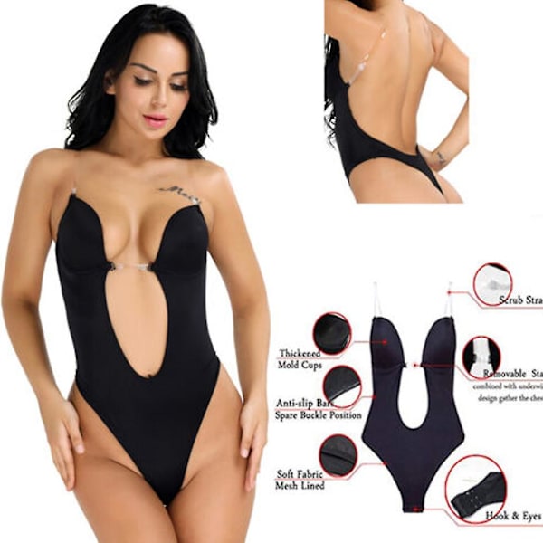 Kvinnor Body Shaper Rygglös bröllopsbody Plunge-bh Bröllopsformkläder underkläder Black M