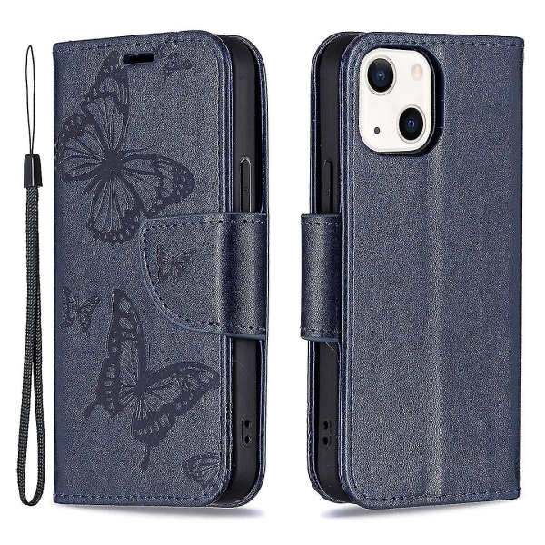 Imprint Butterfly Magnetisk stängning Läderställ Plånbok Case Fodral med rem för Iphone 13 Mini 5,4 tum - lila Dark Blue