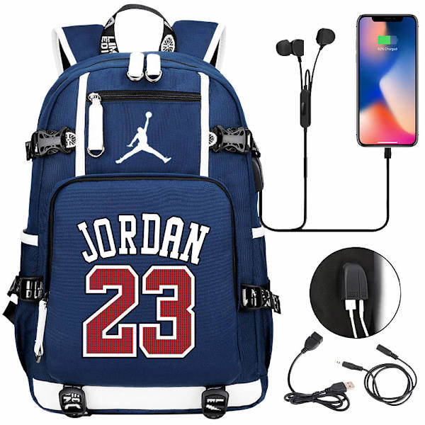 USB-studenters skolväska med stor kapacitet Jordan 23-blå