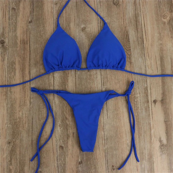 Ultratunn elastisk stringtrosa för kvinnor, bikiniset set Sexig enfärgad baddräkt Bandage stil brasilianska badkläder C XL Blue