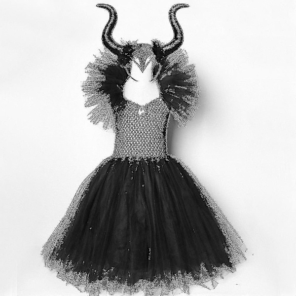 Halloween Kostymer Barn Flickor Svart Klänning Ankellängd Klänningar Devil Kostym Cosplay Outfits Horns Wings Dress with horns 2y