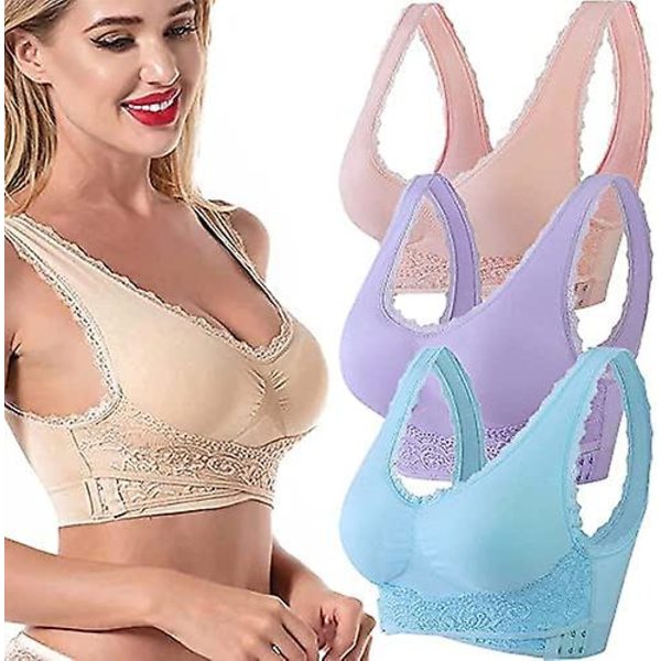 3 st Tourmaline Shaping & Kraftfull Lifting BH, Tourmaline Shaping Wireless BH, Front Cross Side Spänne Spets Lifting BH blue-purple-pink 2XL