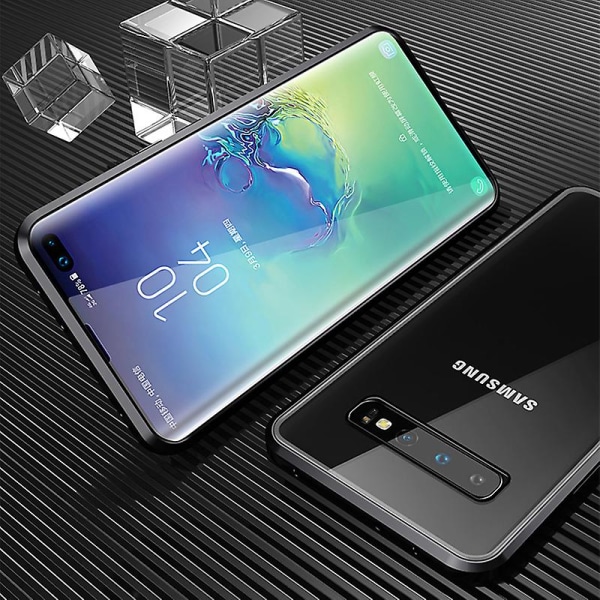 Heltäckande magnetisk metallram + cover i härdat glas för Samsung Galaxy S10 Plus Black