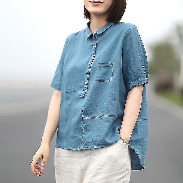 Damer sommar bomull Linne blus Skjorta Casual Solid Elegant Chemise Sleeve Toppar Blue none
